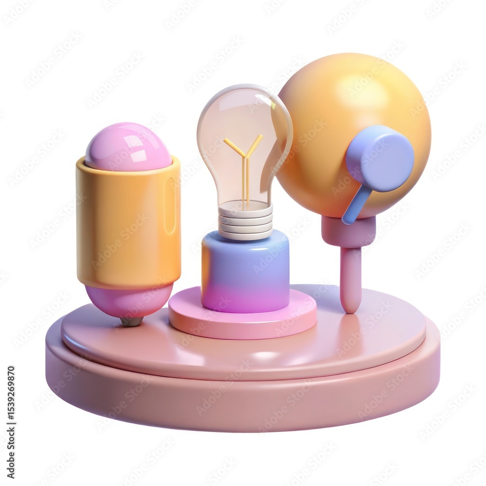 Poster abstract 3d render of pastel colored objects and lightbulb