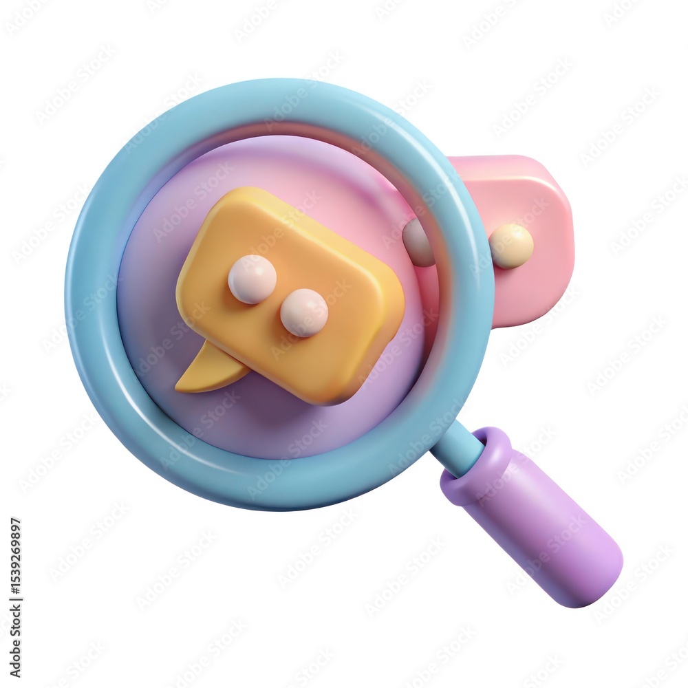 Poster 3d render of a magnifying glass examining a message bubble