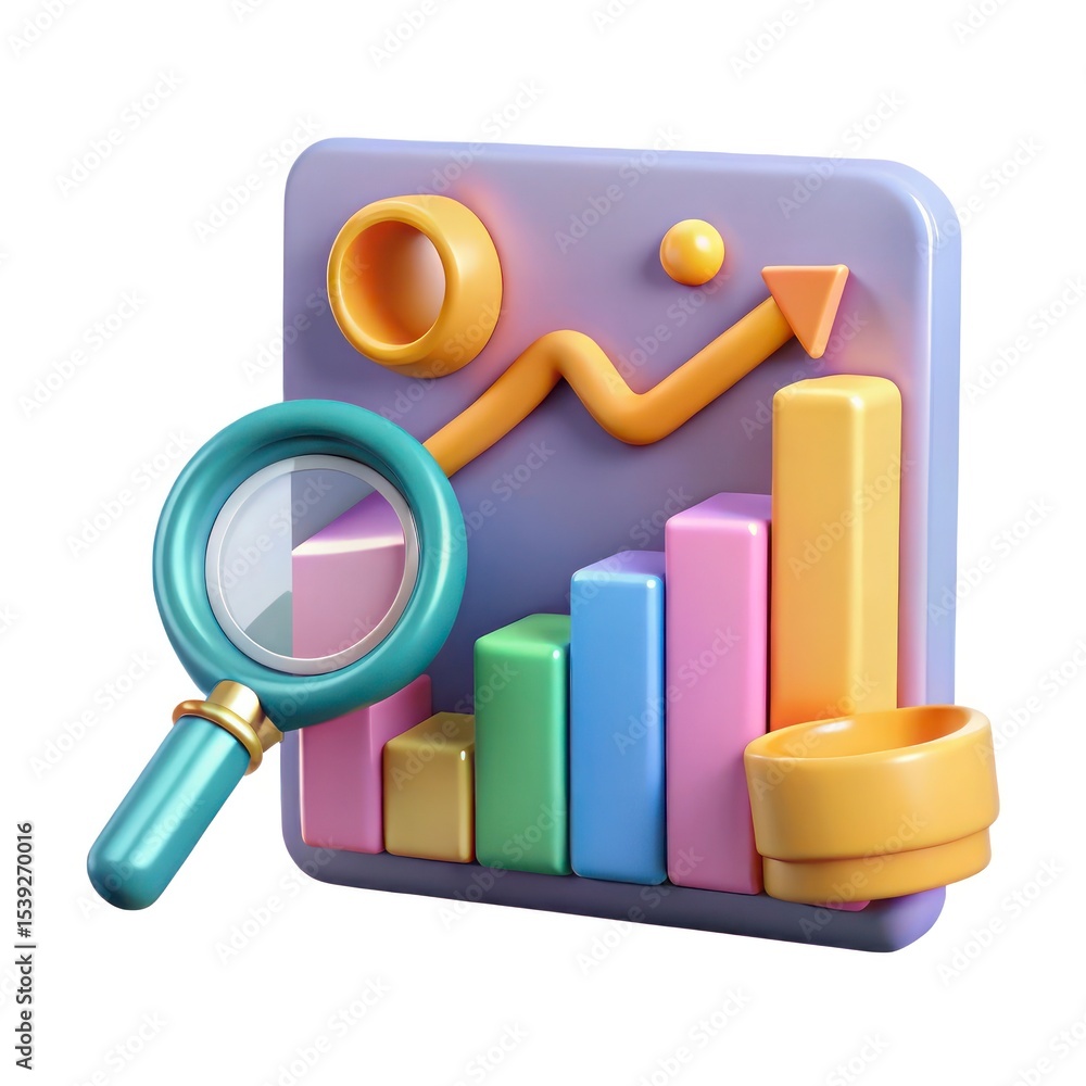 Poster 3d render of colorful bar graph with magnifying glass