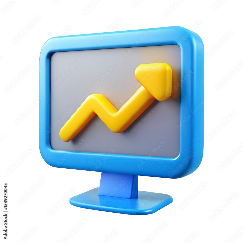 Poster 3d render of a blue computer monitor displaying an upward trending yellow arrow