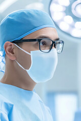 Naklejka premium A medical professional wearing a mask and glasses is in a surgical environment, focusing attentively. Healthcare professional in medical setting