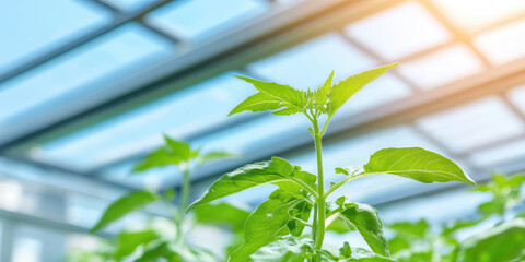 Naklejka premium Sunlight filters through the glass roof of a greenhouse, illuminating lush green plants reaching upward. Concept: greenhouse agriculture and sustainable farming