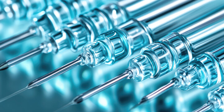 Multiple syringes are aligned in a row, showcasing their sharp needles and transparent barrels. Medical tools, precision, and healthcare theme