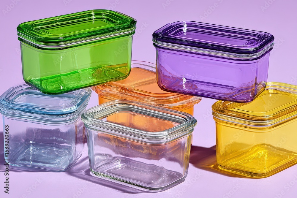 Aufkleber colorful stack of transparent glass containers showcasing various shapes and vibrant hues creating a