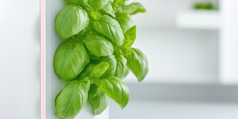 Obraz premium Basil leaves are growing out from the edge of a blank white surface. Fresh, greenery, simplicity