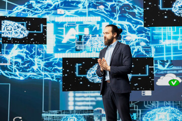 IT engineer hosting public speaking event to present new AI tech tools, highlighting neural...