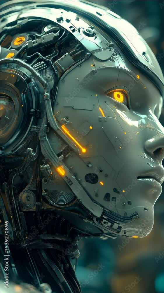 Poster close-up of robotic head with glowing eyes, showcasing advanced technology and artificial intelligen