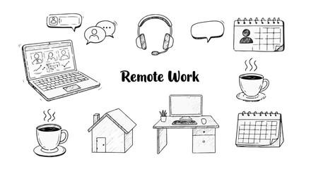 Remote Work Sketch: Laptop, Headset, Coffee, Calendar and Home Office illustrate flexible work from home concept