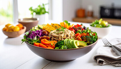 Vibrant quinoa bowl filled with colorful roasted vegetables, fresh greens, and creamy dressing, perfect for healthy meal. This dish is visually appealing and nutritious, ideal for any occasion