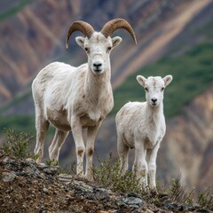 Fototapeta premium Two wild sheep standing gracefully on a rocky mountain