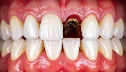 Close up view of human mouth showcasing set of white teeth, with wisdom tooth emerging unusual angle amidst healthy gums. image captures intricate details of dental anatomy, evoking curiosity