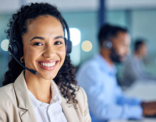 Cheerful woman in headset, embodying professionalism and confidence, works in call center environment, engaging with clients and providing excellent service