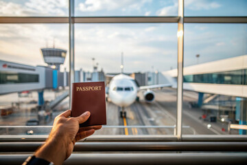 Digital nomad holds passport at airport, ready to embrace remote work opportunities in global workforce that thrives on location independence