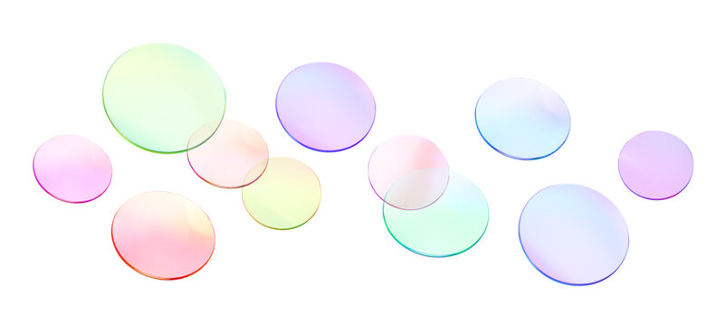 Glass round color lens transparent. 3d gradient holographic disk icon. Light circle badge element. Abstract disc, lens, button, badge, podium, frame flying gradation texture. Vector 3d illustration