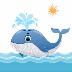 Naklejka premium Vector Image of Cartoonish Big Blue Whale Swimming while Blowing Water through his Blowhole 2