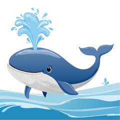 Naklejka premium Vector Image of Cartoonish Big Blue Whale Swimming while Blowing Water through his Blowhole 1