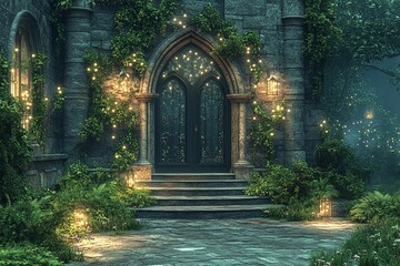 Enchanted Castle Entryway Glowing Lights And Ivy Covered Stone Arch