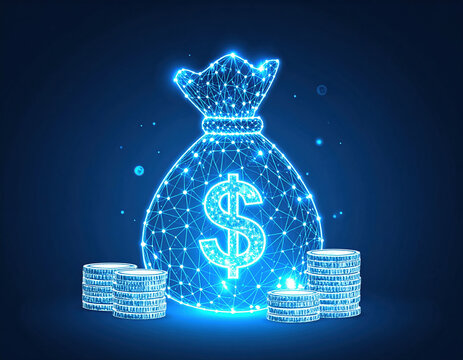 Glowing digital money bag surrounded by coins, representing wealth and finance in modern, high tech style. image conveys sense of prosperity and innovation
