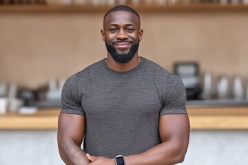 Confident male model with muscular physique posing in modern cafe setting showcasing personal style and approachable demeanor radiating positivity and charm captured with clarity