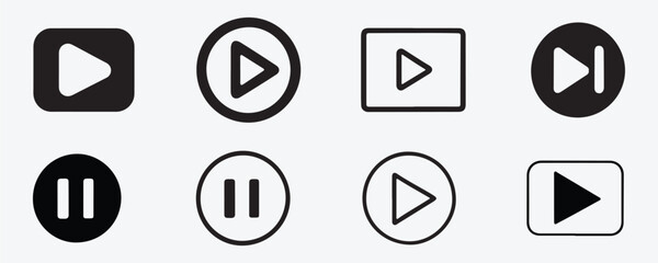 Set of play button Icon Vector, Line Illustration in Four Different Styles, Including Line and Silhouette on White Background