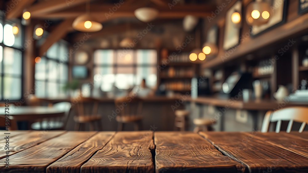 Poster empty wooden table rustic and blurred background of bar or pub for product display high quality phot