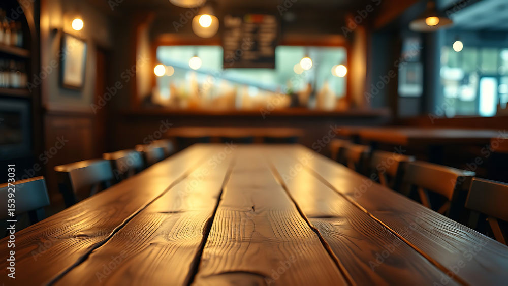 Poster empty wooden table rustic and blurred background of bar or pub for product display high quality phot