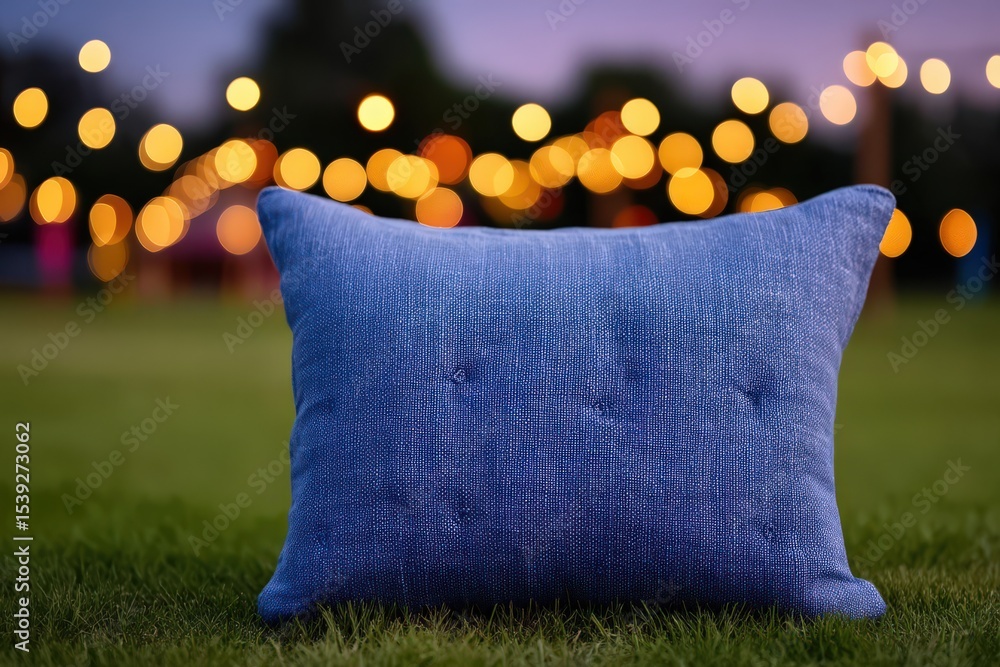 Poster soft blue cushion placed on lush grass illuminated by warm bokeh lights in the background creating a