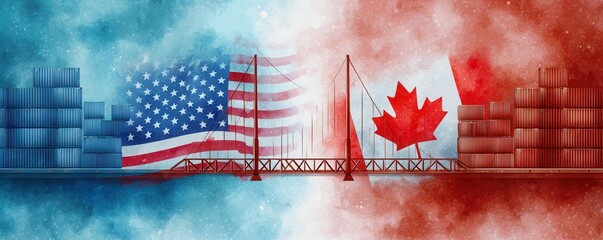 Trade tariffs imports  exports concept. Illustration of a bridge connecting the USA and Canada, with their flags and stacked shipping containers symbolizing trade and cross-border commerce.
