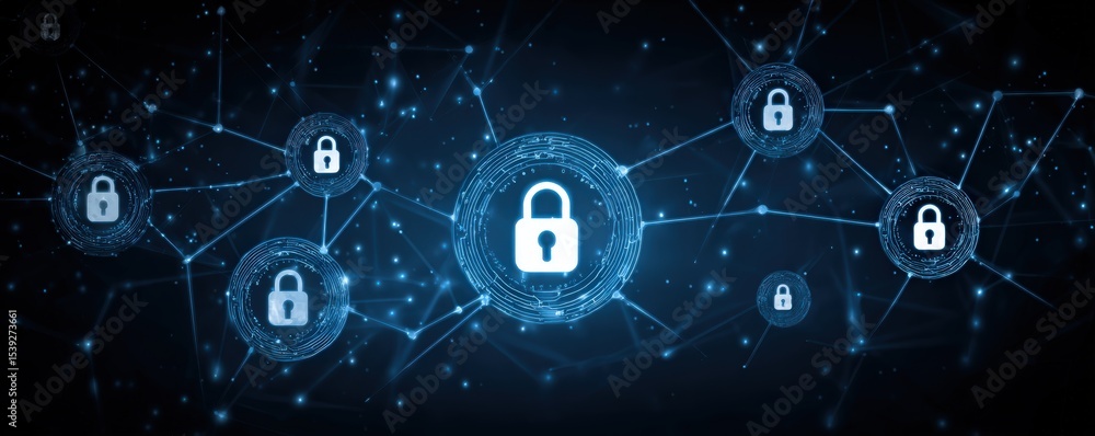 Poster digital network illustration featuring interconnected padlock icons symbolizing cybersecurity and da