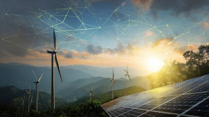 Wind turbines and solar panels harness renewable energy under a glowing sunset over green hills and mountains with a digital network overlay.