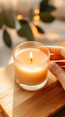 A tranquil scene featuring a hand gently reaching for a lit candle in a glass container, set on a wooden surface surrounded by soft ambient light.