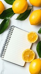Fresh lemons surround a blank notebook on a marble surface, perfect for jotting down recipes or notes. A vibrant display of color and freshness.