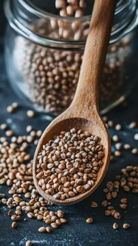 Close up  of cumin seeds in a wooden spoon on a dark background.
