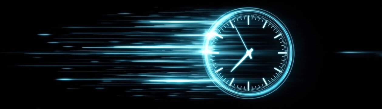 A glowing clock with a futuristic design showing fast motion, symbolizing speed, time management, and technology.