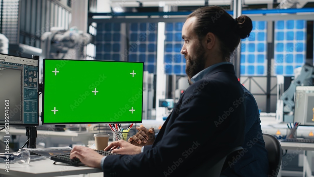 Poster solar panels inspection group review data on pc next to green screen, finding errors during a proces