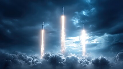 Obraz premium Three rockets launch simultaneously through a cloudy sky, leaving bright trails of fire and smoke behind.
