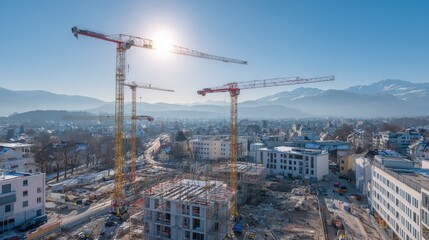 Construction site with cranes and buildings under development, set against a mountainous backdrop under a clear blue sky and bright sunlight.