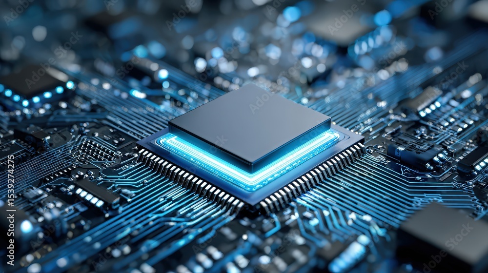 Poster a close-up of a glowing microchip mounted on a detailed circuit board with illuminated pathways and 