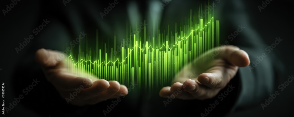 Aufkleber hands holding a glowing green bar chart with rising data points, symbolizing financial growth and di
