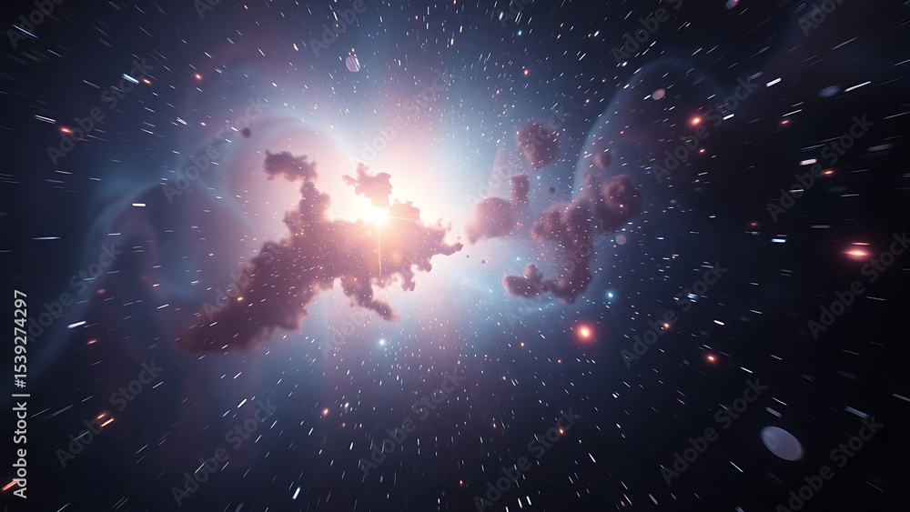 Poster loop animation of space nebula towards light loop animation glowing galaxies and stars passing foota