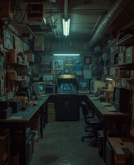 Retro Underground Computer Lab with Arcade Machine and Vintage Electronics, Dim Neon Ambience