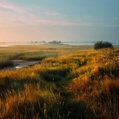 A stunning landscape view of a field with sun and green grass. The soft sunlight creates a breathtaking view with a hint of light mist