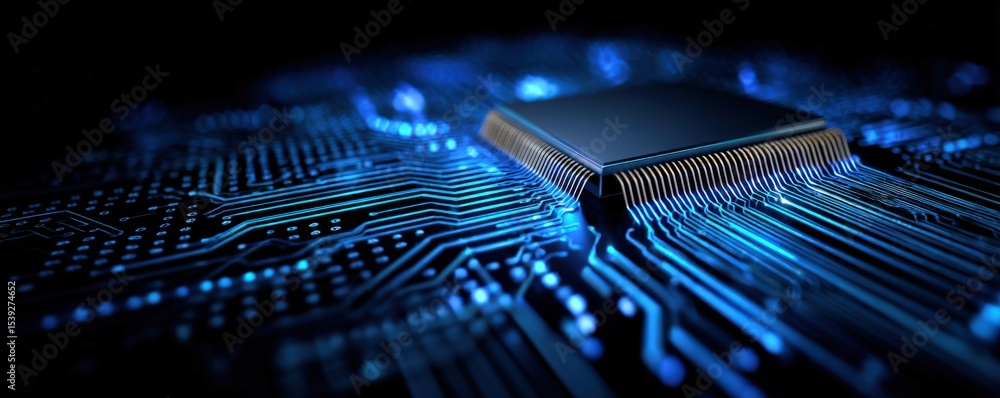 Poster close-up of a microchip on a circuit board with glowing blue pathways, highlighting modern electroni