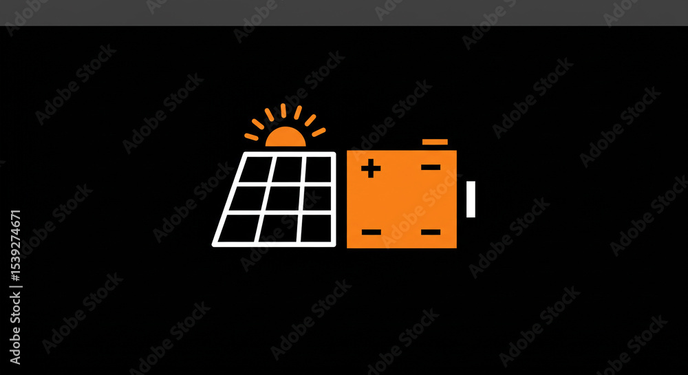 Poster a solar panel with sun rays and an orange battery on a black background in a simple vector style