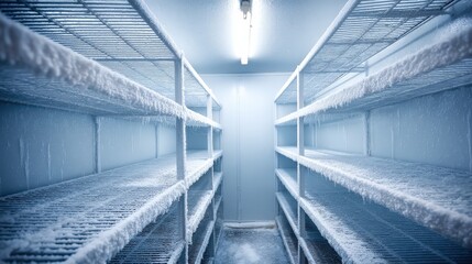 Empty industrial freezer shelves covered in frost inside a cold storage room with bright lighting.