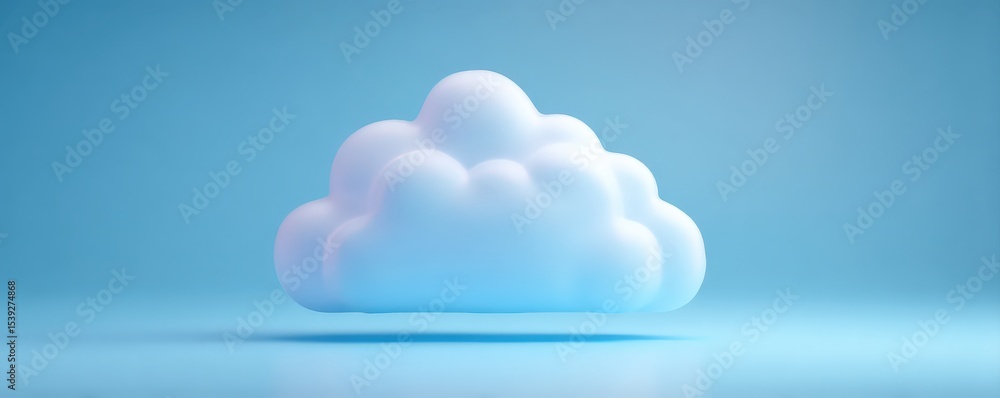 Poster a soft, white cloud floating above a smooth surface with a gradient blue background, evoking a calm 