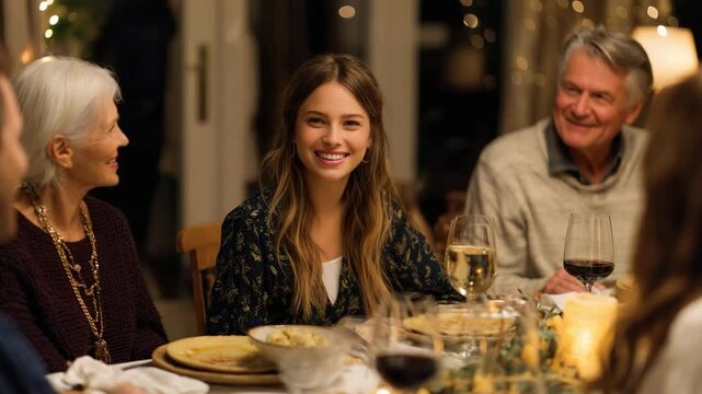 A young woman sits at the dinner table with her family, smiling and enjoying an evening meal together. The scene is set in a cozy dining room filled with warm lighting and festive decorations.