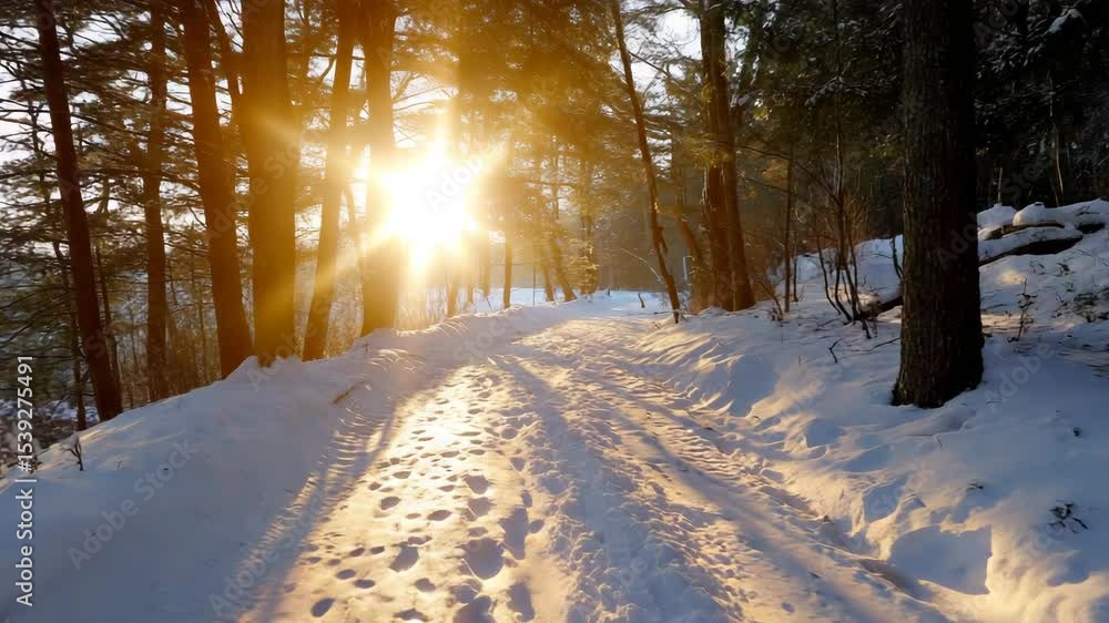 Poster snow-covered trail in a forest, with the sun shining through the trees, creating a golden hour effec