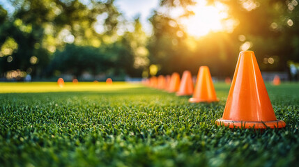 Close-up of bright baby orange training cones on green grass, with blurred children in red uniforms practicing football in the background. Outdoor team sport training, bright daytime.