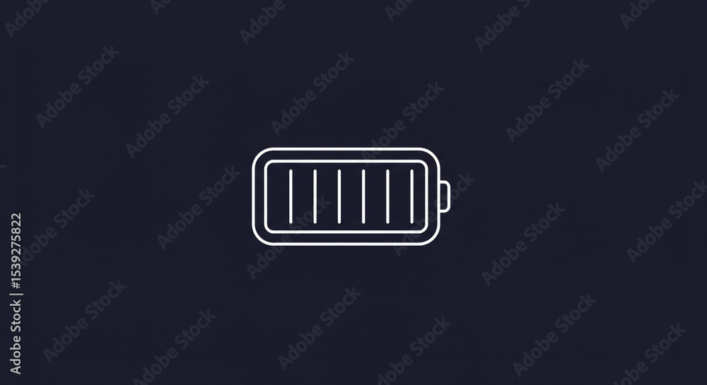 Poster a simple white outline of a battery with vertical lines indicating charge level on a dark blue backg